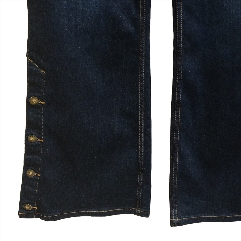 PILCRO BY ANTHROPOLOGY DARK WASH DENIM HIGH RISE BOOTCUT JEANS WITH SIDE BUTTONS - Picture 5 of 15